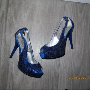Guess sparkle sequin blue high heels open toed